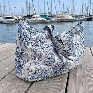 Handgemachte große Strandtasche | große Schultertasche | Tasche für den Sommer | Elegante Toile de Jouy Einkaufstasche | blau weiße Einkaufstasche