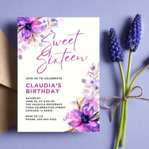 Sweet Sixteen Invitation | Sweet 16th birthday | 16th birthday | Floral Watercolor Invitation | Digital Invitation
