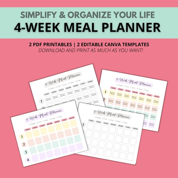 Monthly Meal Planner Printable 4-week Meal Planner Monthly - Etsy