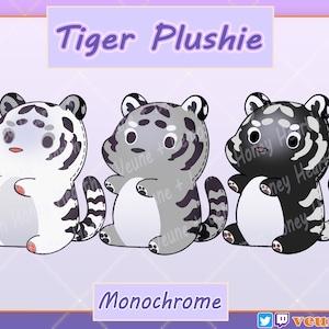 Stream Asset Tiger Plushie Monochrome für Twitch Youtube Discord | Niedliche Kawaii Sticker Dekoration Overlay Addition