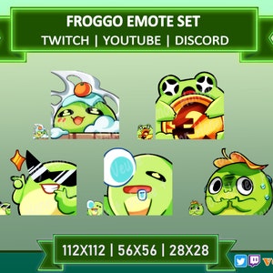 Puede incluir: Un conjunto de cuatro emojis de rana verde en diferentes poses. Los emojis están en una cuadrícula cuadrada con el texto "FROGGO EMOTE SET" en la parte superior y "TWITCH | YOUTUBE | DISCORD" debajo. El texto "112X112 | 56X56 | 28X28" está en la parte inferior de la imagen.