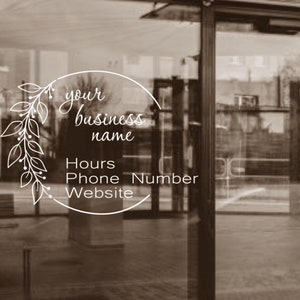 Calcomanía para puerta de negocio, letrero de horario comercial personalizado, calcomanía con nombre de negocio, calcomanías personalizadas para señalización de frente de tienda
