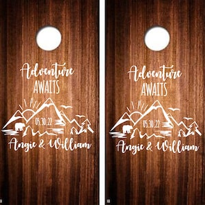 Cornhole Decals Set of 2  Adventure Awaits Wedding DIY Decals Personalized for Your Occasion Wedding Anniversary Birthday Decor
