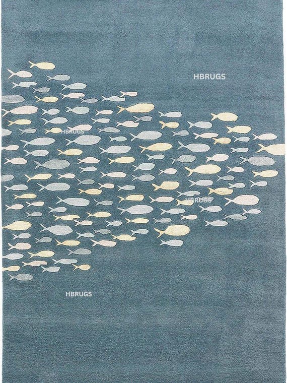 Handmade Wool Rug | Coastal Blue Fish Design, NZ wool  KIDS room