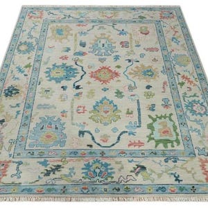 Hand-Knotted New Zealand Wool Oushak Rug 8x10 – Beige and Blue Turkish Carpet