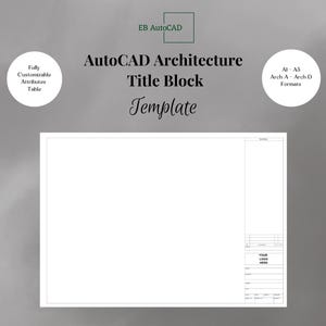 以下が含まれることがあります： 「AutoCAD Architecture Title Block Template」のテキストが入った白いAutoCAD Architecture Title Blockテンプレート。カスタマイズ可能な属性が含まれており、AI-A5およびArch A-Arch D形式で利用できます。