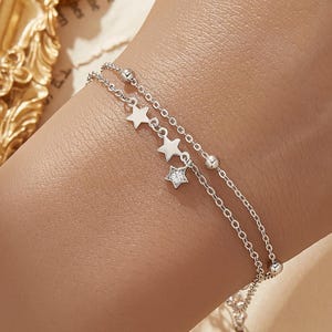 Double Layers Stars Bracelet, Solid 925 Sterling Silver Bracelet Gold Plated Adjustable Chain, Bridal Birthday Gift for Her