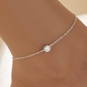 Dainty Solitaire Anklet Bracelet, White CZ Stone Foot Chain Bracelet, Minimalist 925 Sterling Silver Bracelet, Elegant Jewelry, Gift for Her