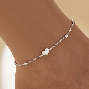 Dainty Heart and CZ Charm Anklet Bracelet, 925 Sterling Sliver, Minimalist Sparkly Plated Gold Adjustable Anklet Chain,Birthday Gift for Her