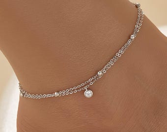 Layered Double Chain Ankle Bracelet with CZ Accents, Women’s 925 Sterling Silver Foot Chain, Dainty Minimalist Jewelry, Elegant Gift for Her