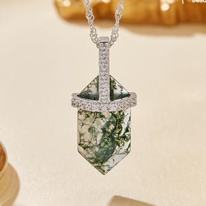 Hexagon Moss Agate Pendant Necklace, Geometric Nature Green Moss Agate Elegant 925 Sterling Silver Necklace, Birthday Gift for Her