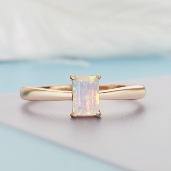 4x6MM Emerald Cut Nature Opal Ring,Rectangle Color Change Solid 14K Gold Ring,October Birthstone Ring,Promise Ring