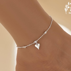 Dainty Heart and CZ Charm Anklet Bracelet, 925 Sterling Sliver Foot Chain, Minimalist Sparkly Adjustable Anklet Chain, Birthday Gift for Her