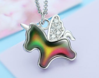 Color Change Mood Pendant Necklace,Unicorn Pendant Solid 925 Sterling Silver Necklace,Pegasus Necklace,Gift for Her