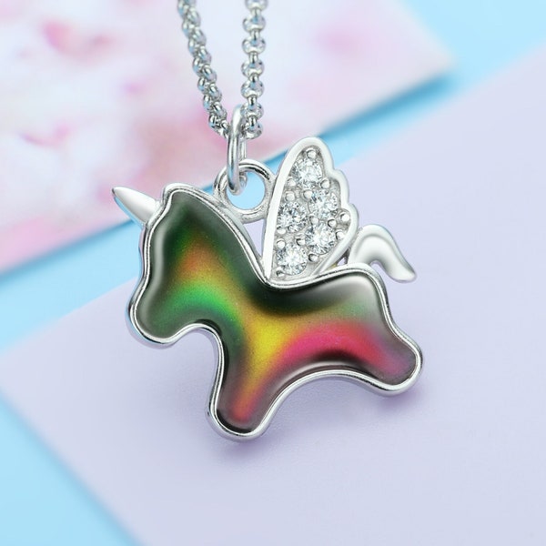 Color Change Mood Pendant Necklace,Unicorn Pendant Solid 925 Sterling Silver Necklace,Pegasus Necklace,Gift for Her