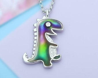 Color Change Mood Pendant Necklace,Dinosaur Pendant Solid 925 Sterling Silver Necklace