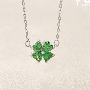 Colar com pingente de trevo de quatro folhas verde, colar de prata esterlina 925 sólida com pedra CZ verde, presente para ela 16&#39;&#39;+2&#39;&#39;
