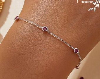 Round Simulated Ruby Spot Bracelet July Birthstone 925 Sterling Silver Bracelet Gift for Her