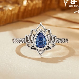 Pear Blue Cubic Zirconia Stone Lotus Flower Water Lily Ring Antiqued Silver Solid 925 Sterling Silver Ring Gift for Her