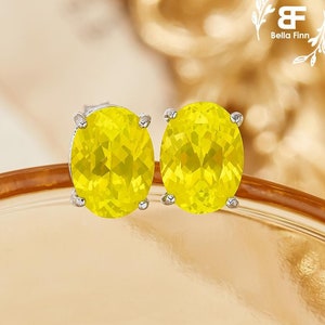 Day Glow Neon Yellow Fluorescent Studs Earrings,Lumogarnet Solid 925 Sterling Silver Earrings,Oval Lab Created Yellow Glowing Faceted Gems