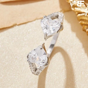 Double Heart Simulated Diamond Ring,White Cubic Zirconia Solid 925 Sterling Silver Ring,Birthday Gift for Her