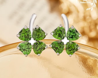 Green Four Leaf Clover Lucky Studs Earrings,Green CZ Stone Solid 925 Sterling Silver Earrings,Gift For Her
