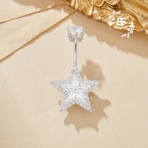 Halo Star CZ Stone Solid 925 Sterling Silver Belly Button Ring,Belly Piercing,Navel Bar,Curved Barbell,Navel Ring,Gift for Her