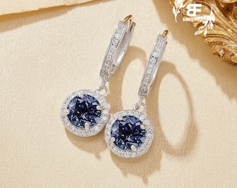 June Birthstone Halo Round Alexandrite Hoop Earrings, Color Change Stone Solid 925 Sterling Silver Earrings, Birthday Gift for Her