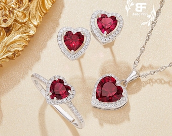 Halo Heart Simulated Ruby Jewelry Set,Luxury 925 Sterling Silver Necklace Earrings Ring Set,Wedding Jewelry Set,July Birthstone Gift for Her