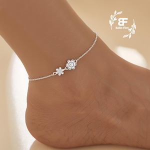 Flowers Anklet,Solid 925 Sterling Silver Anklet,Adjustable Foot chain Anklet Bracelet,Bridal Birthday Gift for Her