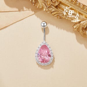 Piercing para el ombligo con circonita rosa brillante en forma de pera, halo, elegante joya para el cuerpo, piercing de moda, regalo de cumpleaños para ella.