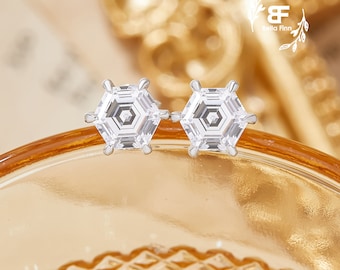 6MM Hexagon Moissanite Studs Earrings,Solid 14K Gold Earrings,Simulated Diamond Earrings,Gift For Her