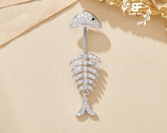 Fish Bone White CZ Stone Solid 925 Sterling Silver Belly Button Ring,Belly Piercing,Navel Bar,Curved Barbell,Navel Ring,Gift for Her