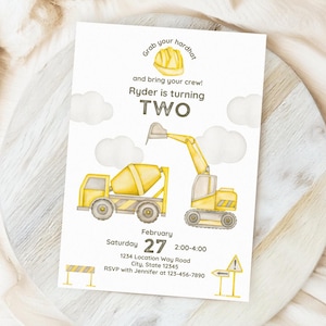 May include: A birthday invitation with a construction theme. The invitation features yellow construction vehicles, including a cement mixer and excavator, with the text "Ryder is turning TWO." The date and time are also included.