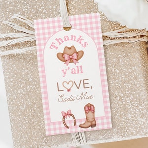 Pink First Rodeo Thank You Tag, First Rodeo Theme Party Favors Tag, Printable Cowgirl Themed Gift Tag for Western Girl 1st Birthday Party