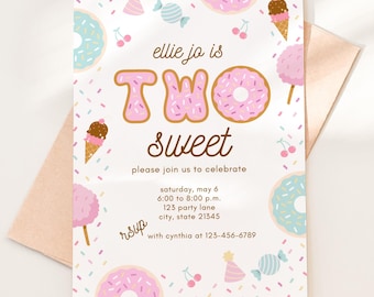 Two Sweet 2nd Birthday Invitation | Cute Second Birthday Theme | Dessert Birthday | Donut Birthday Party Invitation for 2nd Birthday Girl