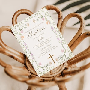 Convite de batismo floral para menina - Convite elegante de batismo com flores silvestres para batizado de menina - Cartão de lembrança de batismo com foto para presente de batismo