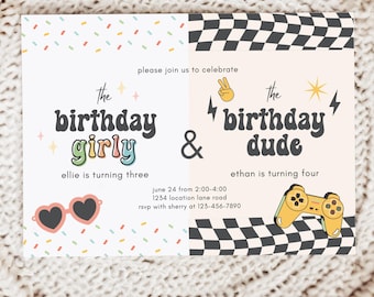 Boy Girl Siblings Double Birthday Invitation, Joint Birthday Invitation for Girl and Boy Birthday Girl Boy Joint Birthday Party Invitation