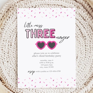 Pink Little Miss Threenager 3rd Birthday Invitation | Funny Third Birthday Invitation | Birthday Party Invitation for Third Birthday Girl