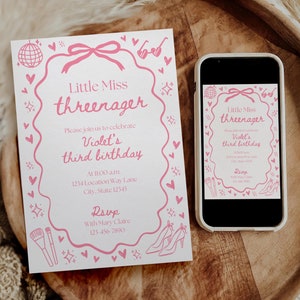 Pink Little Miss Threenager Invitation - Coquette Pink Girl 3rd Birthday Invitation - Pink Bow Threenager Theme for Third Birthday Girl