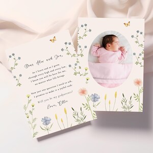 Tarjeta de propuesta floral para padrinos / ¿Quieres ser mi padrino? / Tarjeta de padrinos con poema y foto de recuerdo / Regalo de bautismo para padrinos