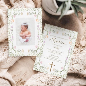 Faire-part de baptême floral fille - invitation baptême fleurs sauvages élégantes pour baptême fille - carte souvenir de baptême carte photo pour cadeau de baptême