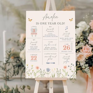 Tablero de hitos del primer cumpleaños con flores silvestres, decoraciones para el primer cumpleaños de una niña en acuarela, letrero de hitos del primer cumpleaños de una niña, póster para bebé