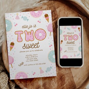 Two Sweet 2nd Birthday Invitation | Cute Second Birthday Theme | Dessert Birthday | Donut Birthday Party Invitation for 2nd Birthday Girl