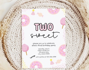 Two Sweet 2nd Birthday Invitation | Cute Second Birthday Theme with Doughtnuts | Doughnut Birthday Party Invitation for 2nd Birthday Girl