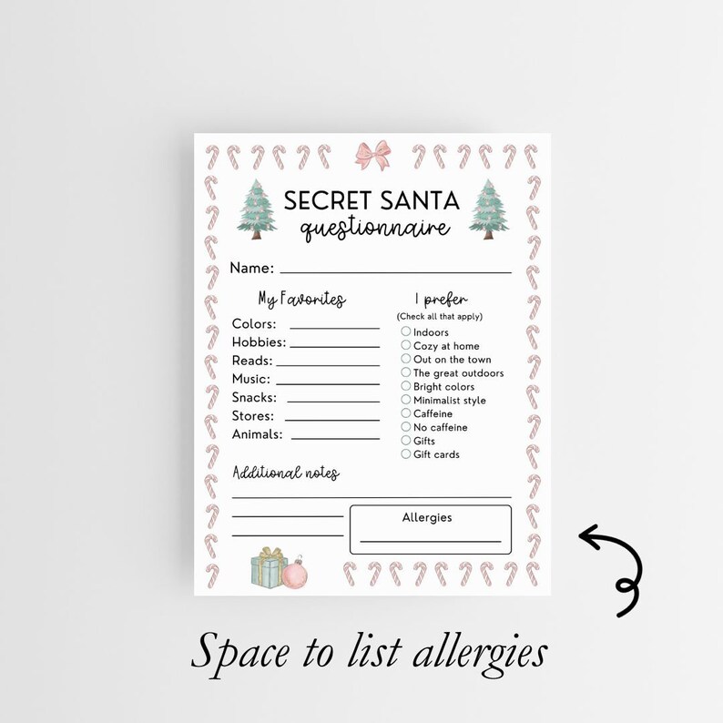 Secret Santa Questionnaire Printable Secret Santa Questionnaire for Coworkers Secret Santa Form ...