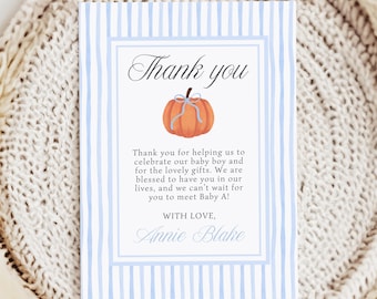Little Pumpkin Boy Baby Shower Thank You Card, Boy Fall Baby Shower Thank You Note, Printable Blue Orange Fall Baby Shower Theme Thank You