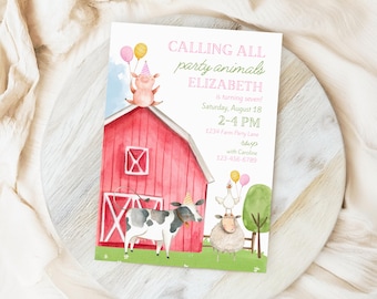Girl Farm Birthday Invitation, Calling All Party Animals Invitation, Pink Farm Theme Birthday Party Canva Template, Barnyard Birthday Invite