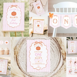 May include: A collection of party stationery featuring a pink and white striped pattern with orange pumpkin graphics. Items include a welcome sign, gift tags, a high chair banner spelling ONE, cupcake toppers, invitations, and photo display cards.