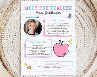 Pink Purple Meet the Teacher Template All About My Teacher Printable for Back to School Night Template Meet the Teacher Night Canva Template